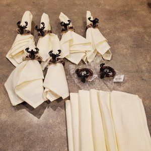 Mud Pie Woodland Deer Napkin Rings and Cream colored cloth Napkins